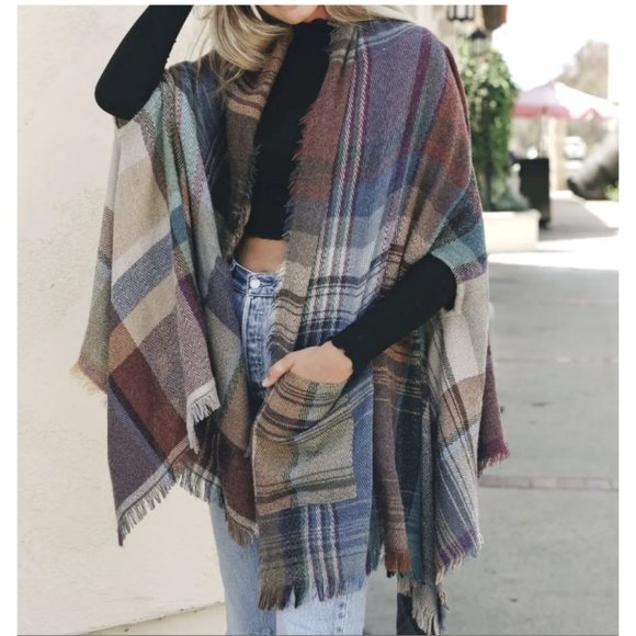 Multicolor Plaid Open-Front Poncho with Pockets – Oversized Wrap Cape - Picture 2 of 7